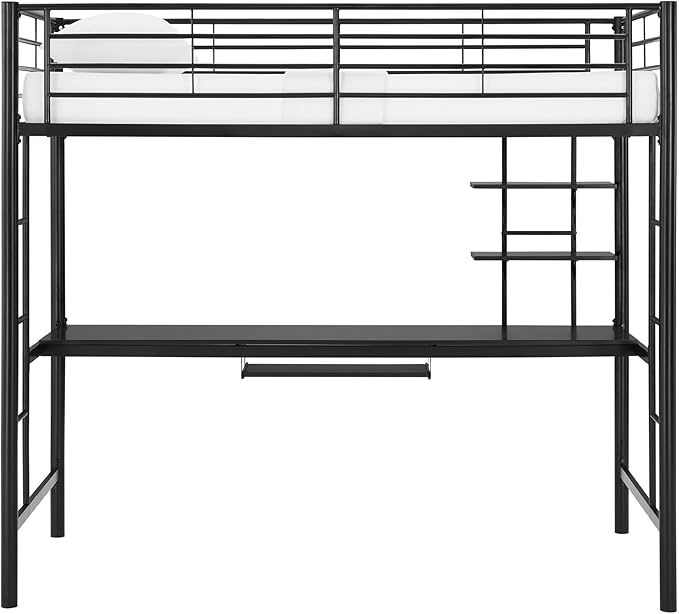 Walker Edison Timothee Urban Industrial Metal Double over Computer Desk Bunk Bed, Full Double, Black