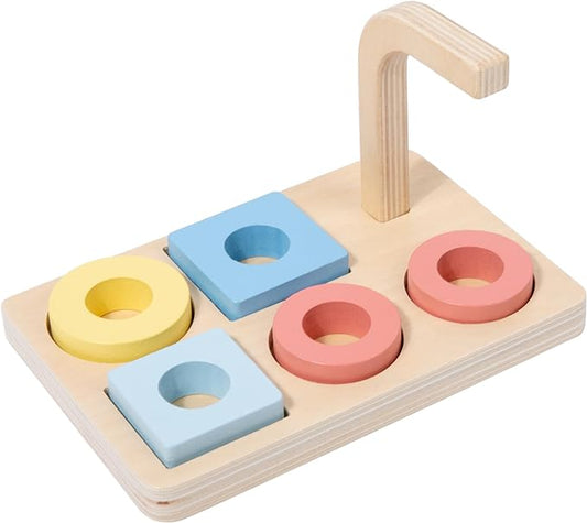 Adena Montessori Wooden Stacking and Sorting Ring,Wooden Rings on Peg,5 Shapes on Curved Peg Horizontal Dowel Variation,Baby Toddler Educational Eearly Learning Toys for 1 Year Olds Boy and Girl Gift