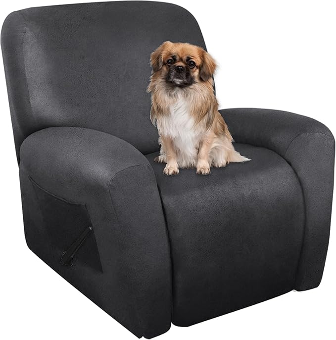 Leather Look Recliner Chair Covers Stay in Place 4-Piece Lazy Boy Recliner Slipcovers for Reclining Chair Furniture Protector Spandex Fabric Washable (X-Large, Dark Gray)