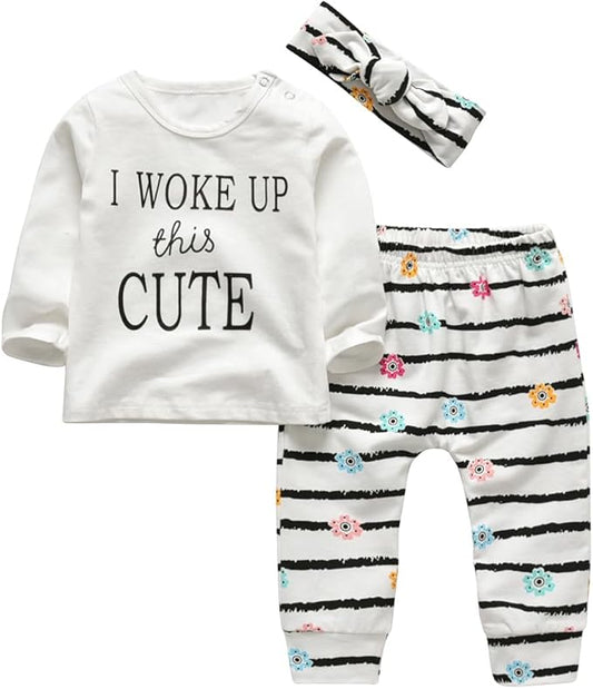 KuKitty 3Pcs Baby Girl Outfits Set Long Sleeve T-Shirt Tops Flowers Pants with Headband