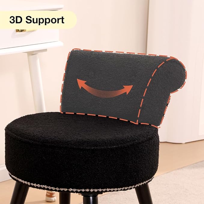 Sherpa Vanity Chair with Back Small Makeup Chair with Wood Legs Teddy Vanity Stool Tufted Accent Chairs with Low Back Makeup Chair for Vanity for Women Girl and Kids (Black)