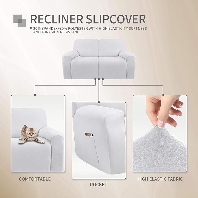 Easy-Going 6 Pieces Microfiber Stretch Sectional Recliner Sofa Slipcover Soft Fitted Fleece 2 Seats Couch Cover Washable Furniture Protector with Elasticity for Kids(Recliner Loveseat, Snow White)