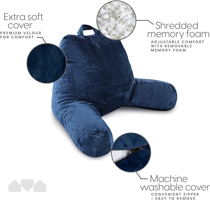 Milliard Reading Pillow with Shredded Memory Foam, Large Adult Backrest with Arms, Back Support for Sitting Up in Bed with Washable Cover (Sit up Pillow)