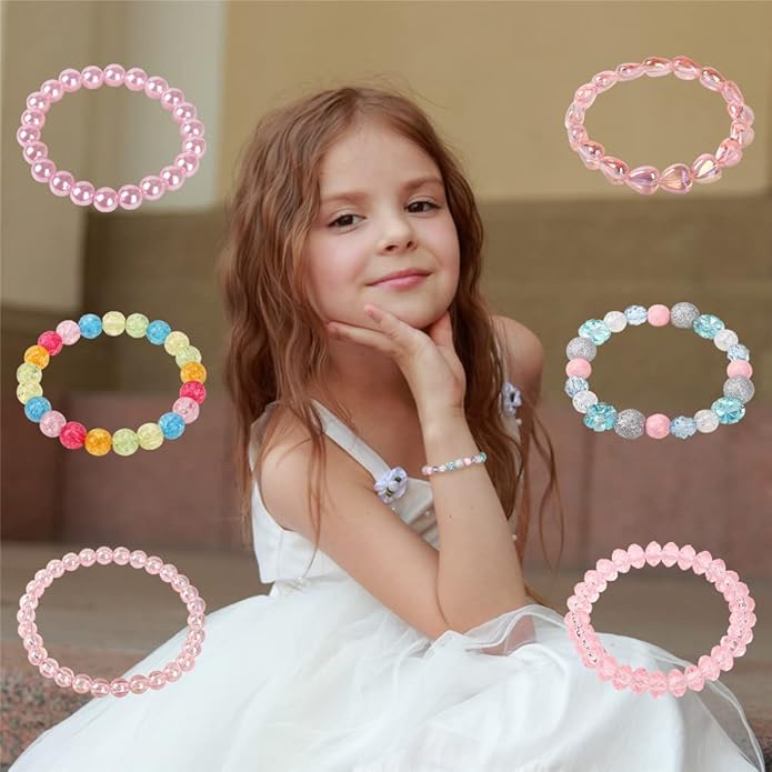 6 Pieces Princess Bracelets,Rainbow Stretchy Bead Bracelets Pink Love Bracelet,Girls Costume Jewelry Set