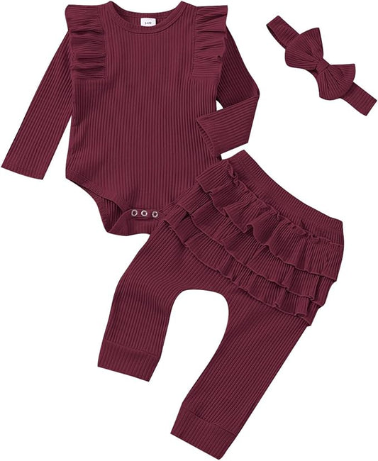 Baby Girl Clothes Newborn Infant Fall Winter Outifts Ribbed Ruffle Long Sleeve Romper Pant Outfit Set 3pcs 0-18Months