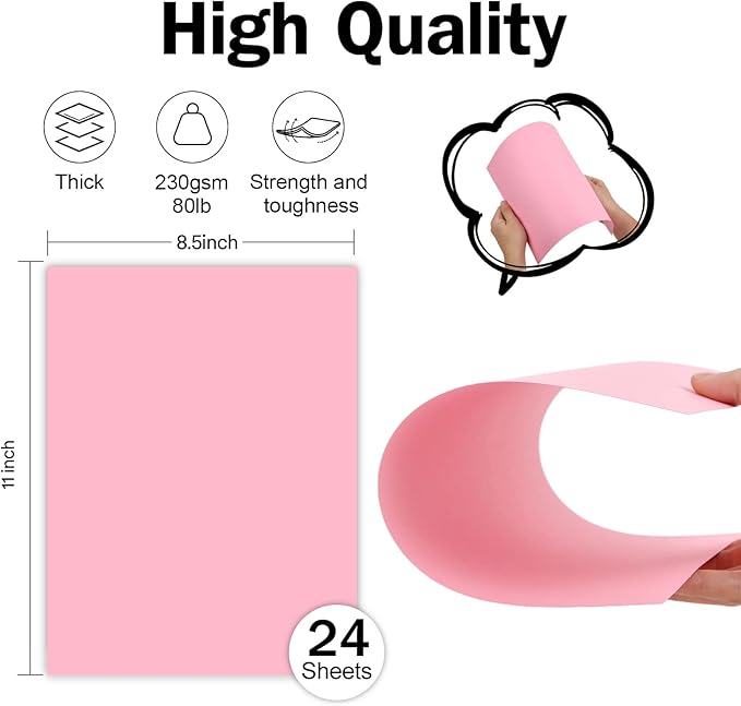 24 Sheets Pink Cardstock 8.5 x 11 Thick Paper, Goefun 80lb Card Stock Printer Paper for Arts & Crafts, Valentines Day, Stationary Printing