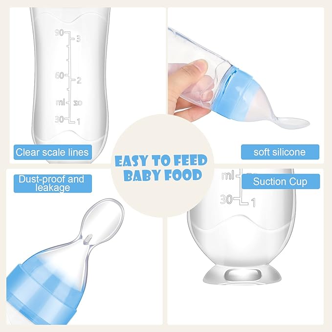 Nuanchu Baby Food Feeder Silicone Squeeze Feeding Spoon Toddler Food Feeder Dispensing Spoon Suction Cup Design Feeder (Blue)