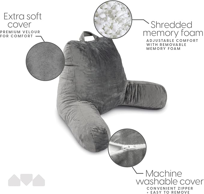 Milliard Reading Pillow with Shredded Memory Foam, Large Adult Backrest with Arms, Back Support for Sitting Up in Bed with Washable Cover (Sit up Pillow)