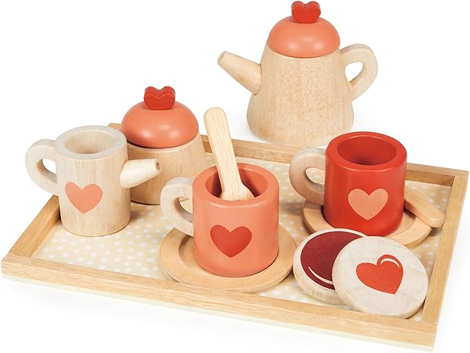 Mentari Toys - Tea Time Tray Set - Wooden Pink Teapot, Cups and Trays for Pretend Afternoon Tea Party - Social, Creative, and Imaginative Development - Learning Role Play - Age 3+