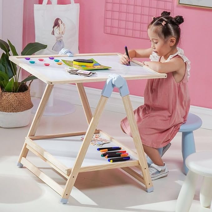 Adena Montessori Art Easel for Kids, 2 in 1 Adjustable Wooden Standing Art Easel & Toys Table Montessori Learning Furniture for 3-8 Years Old Children