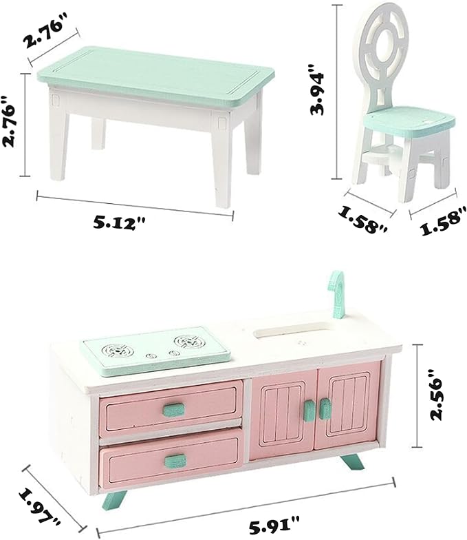 Wooden Dollhouse Furniture Set, Kitchen Dinning Room Set, Doll House Furniture of Table Chair, Birthday Gifts for Girls Boys (Dinning Room)