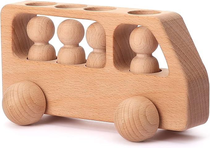 4 Wooden Figures in The Bus - Peg Dolls Unfinished Wooden Peg People Cars Wooden Figures Shape Preschool Learning Educational Toys Montessori Toys for Toddlers