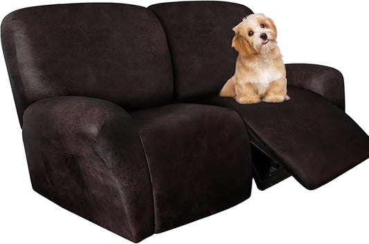 Loveseat Recliner Slipcover Large Size Oversized - 6 Pieces Stretch Leather Like Recliner Sofa Cover for 2 Seat Dual Reclining Loveseat Couch Furniture Protector (Chocolate)
