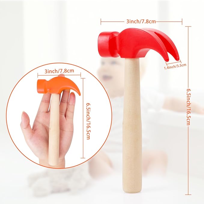 2 Pack Wooden Hammer Toys Simulation Hammers Maintenance Tools Educational Toys for Kids Birthday Party Games Supplies (Red + Orange)