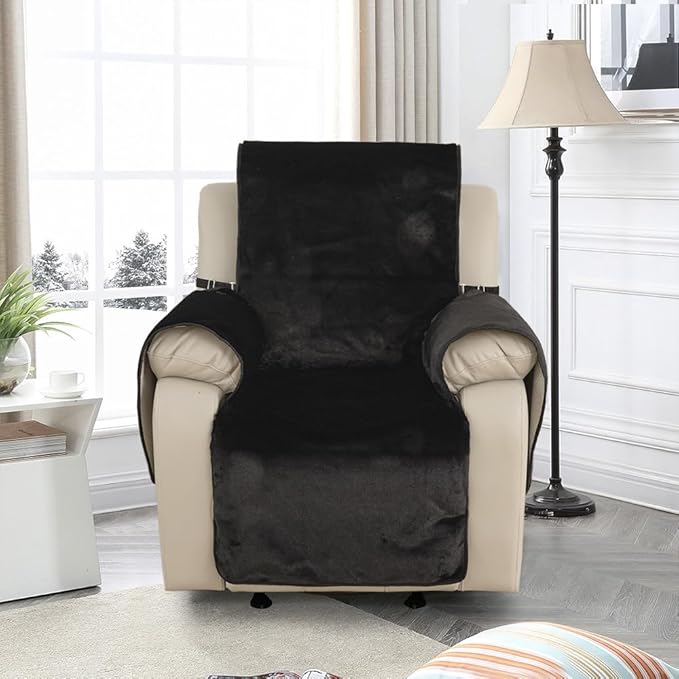 RBSC Home Waterproof Faux Fur Recliner Covers - Black Antislip Recliner Chair Slipcover Faux Rabbit Plush Furniture Protector with Elastic Straps for Kids, Dogs, Pets