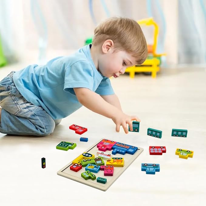 Wooden Blocks Puzzle Russian Blocks for Kids Age 3 4 5 Years Old, Children's Puzzle Game Board Learning Education Montessori Toddler Puzzle Wooden Toys for Kids Birthday Party Gift (Vehicle)