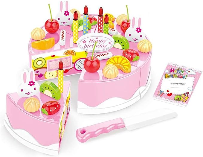 38 PCS DIY Cutting Birthday Party Cake Toy Pretend Play Kitchen Food Toys Set,DIY Fruit Cutting Kitchen Toys Pink/Blue Cut Cake Toys for Girls Boys Gift (38PCS Pink)