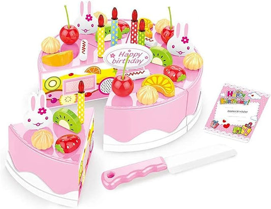 38 PCS DIY Cutting Birthday Party Cake Toy Pretend Play Kitchen Food Toys Set,DIY Fruit Cutting Kitchen Toys Pink/Blue Cut Cake Toys for Girls Boys Gift (38PCS Pink)