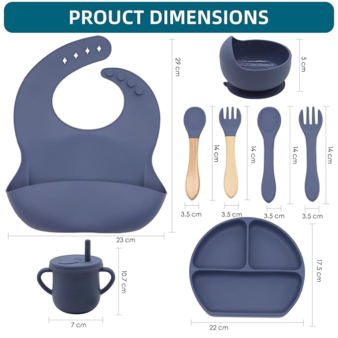 100% Silicone Baby Feeding Set,BPA Free Baby Dishes Set with Suction Bowl Divided Plate,Toddler Self Feeding Dish Set with Spoons Forks Sippy Cup and Bib, Baby Eating Utensils (Navy Blue)
