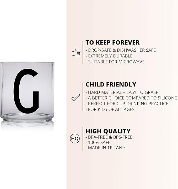 Design Letters Tritan Dinnerware Cups for Kids A-Z 6 Oz| Kids Glass Designed in Denmark for Baby feeding | Toddler Cup for Drinking | Unbreakable Tableware for Baby|Stackable Tumbler Cup BPA/BPS Free