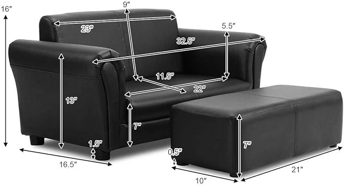 Costzon Kids Couch with Footstool, 2 in 1 Double Seat Children's Sofa w/PU Leather Surface, Armrest Chair Lounge, Soft Kids Sofa for Preschool Bedroom Kids Room Toddlers Boys Girls Birthday (Black)