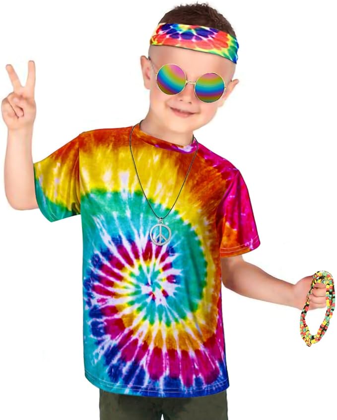 Kids Hippie Costume for Boys Girls 60s 70s T-Shirt 5Pcs Set for Halloween Party 3-12 Years