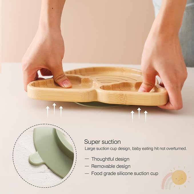 Bamboo Suction Plates Bowls Set for Baby Toddler Divided Platter Food bowl with Silicone Fork & Spoon All-Natural Baby Feeding Set for Baby-Led Weaning, Non-Slip Design