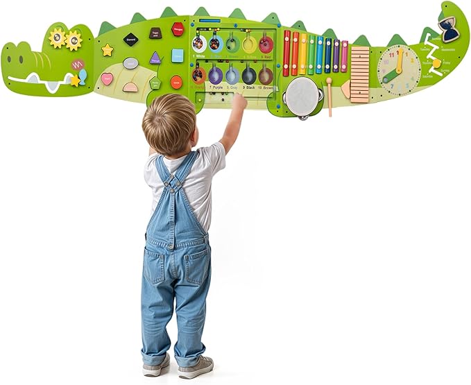 Weihnacht Crocodile Activity Wall Busy Board Panels,11-in-1 Montessori Sensory Toys, Toddler Learning Activity Center,Wooden Learning Toy Ideal Furniture for Playroom & Children's Daycare