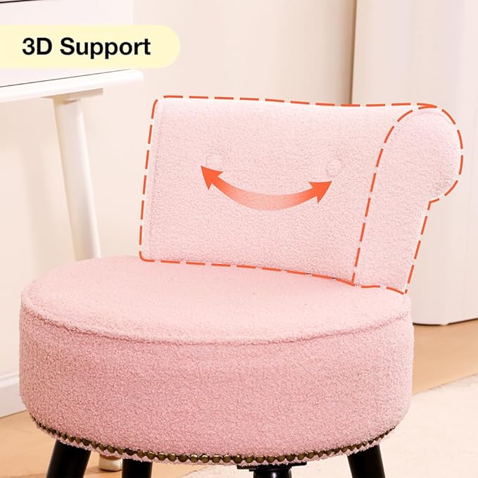 Sherpa Vanity Chair with Back Small Makeup Chair with Wood Legs Sherpa Vanity Stool Tufted Accent Chairs with Low Back Makeup Chair for Vanity for Women Girl and Kids (Pink)