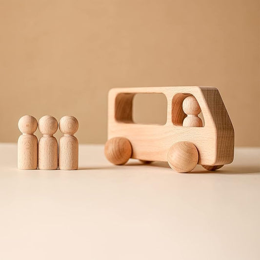 4 Wooden Figures in The Bus - Peg Dolls Unfinished Wooden Peg People Cars Wooden Figures Shape Preschool Learning Educational Toys Montessori Toys for Toddlers