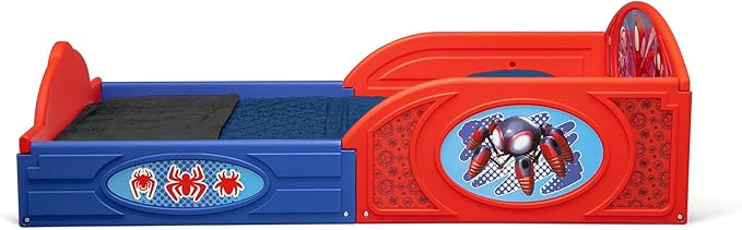Delta Children - Marvel Spidey and His Amazing Friends 4-Piece Toddler Room-in-a-Box Set – Includes Sleep and Play Toddler Bed, Table, 1 Chair and Fabric Toy Box, Blue/Red