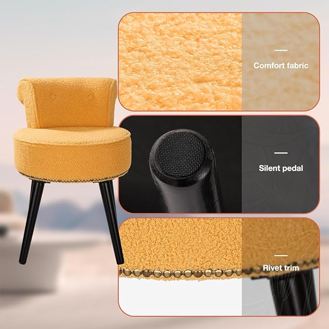 Sherpa Vanity Chair with Back Small Makeup Chair with Wood Legs Sherpa Vanity Stool Tufted Accent Chairs with Low Back Makeup Chair for Vanity for Women Girl and Kids (Yellow)