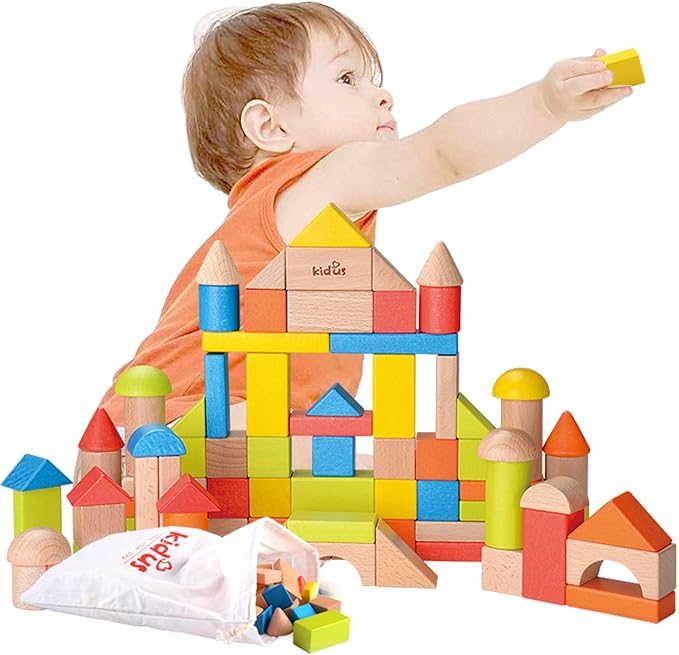 80pcs Wooden Building Blocks Set for Toddlers - Natural & Colorful Stacking Blocks with Carrying Bag - Educational Preschool Montessori Learning Toys - Perfect for Kids Ages 18 Months up