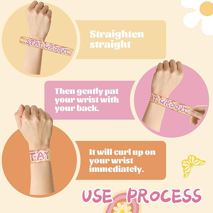 60 Pieces Groovy Slap Bracelets Hippie Boho Wristbands Daisy Flower Peace Rainbow Butterfly and Love Bracelets for 60s 70s Groovy Party Favors Gifts Birthday Party Supplies Decorations