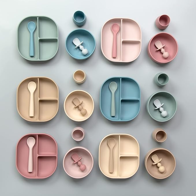 SAMiGO Silicone Baby Feeding Set, Baby Led Weaning Supplies, Suction Bowl Plate Bib Cup Self Feeding Spoons, Solid Food Eating Essentials, First Stage Utensils, 6+ Months