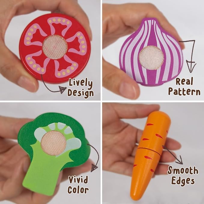 Wooden Cutting Fruits Vegetables Set for Kids, Pretend Play Food Toy Set with Wooden Knife, Tray and Basket for Boys Girls (Vegetable Basket)