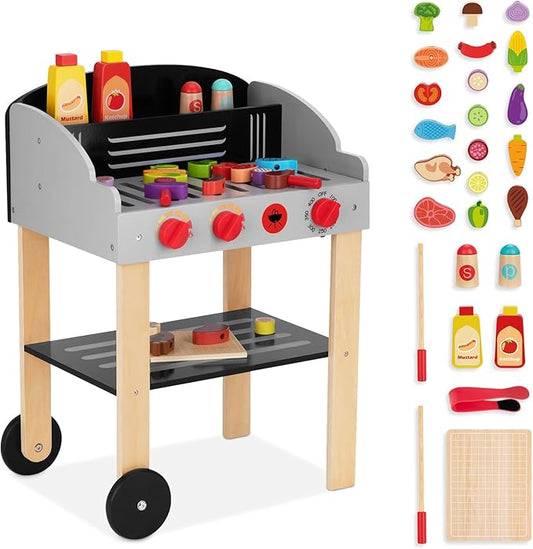 Kids Grill Playset Wooden Barbecue Toy Grill with Play Food Toy and Grilling Tools, Play Kitchen Accessories for Toddlers Age 3+