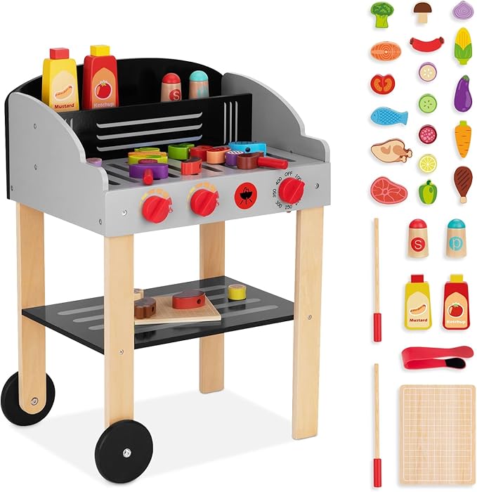 Kids Grill Playset Wooden Barbecue Toy Grill with Play Food Toy and Grilling Tools, Play Kitchen Accessories for Toddlers Age 3+