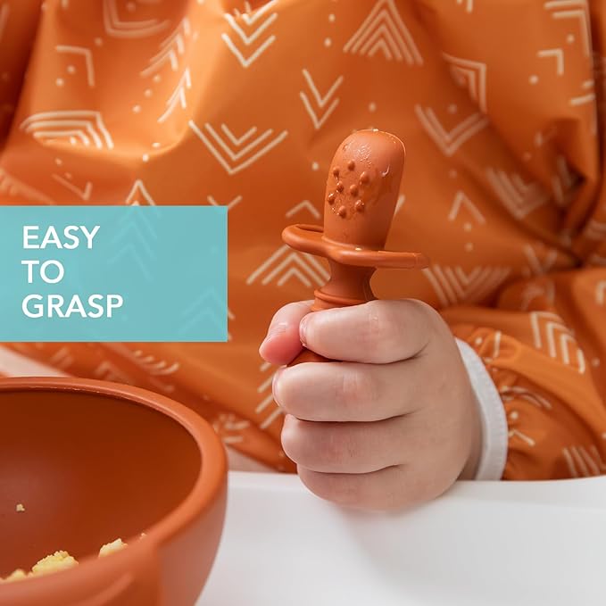 Bumkins Baby Utensils Set, Chewtensils Silicone Spoons for Dipping, Self-Feeding, Baby Led Weaning, Trainer Learning, First Stage Eating, Soft Practice Fork and Spoon, Babies 6 Months, Clay