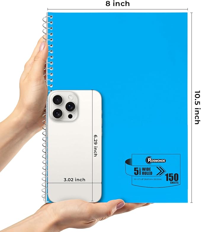 5 Subject Spiral Notebook, 3 Pack, Wide Ruled, Water Resistant Cover, Thick 300 Pages/Book (150 Sheets), 8 x 10-1/2, 3 Hole Punched, Colored Dividers, Assorted Colors, Bulk School & Office