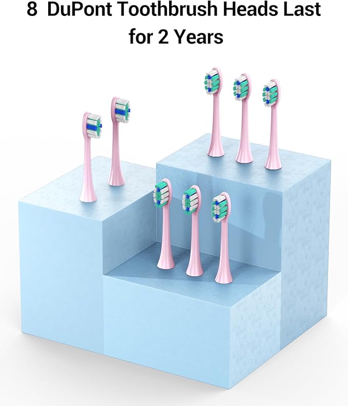 Rtauys Electric Toothbrush for Adults and Kids, Wireless Rechargeable Tooth Brush with 8 Replacement Heads, One Charge for 120 Days, 5 Modes Toothbrush with Travel Case, Pink