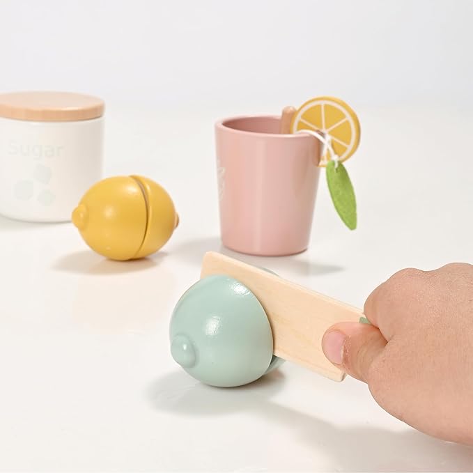 22pcs Wooden Tea Set for Little Girls, Toddler Tea Set with Lemons Kids Pretend Play Kitchen Accessories, Wooden Toys Lemonade Playset Gift Kids Tea Party Set with Sugar and Tea Bag