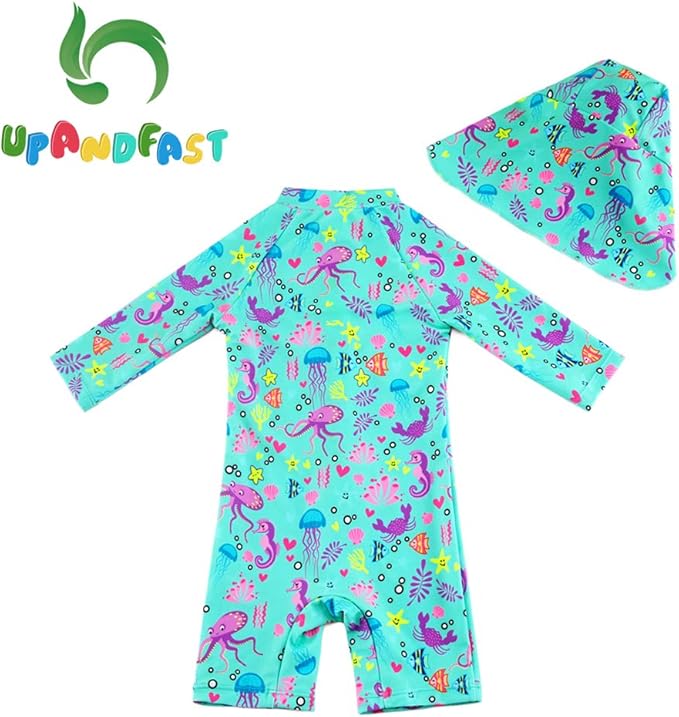 upandfast Baby/Toddler Swimsuit UPF 50+ Sun Protection One Piece Zipper Bathing Suit with Sun Hat Infant Beach Swimwear