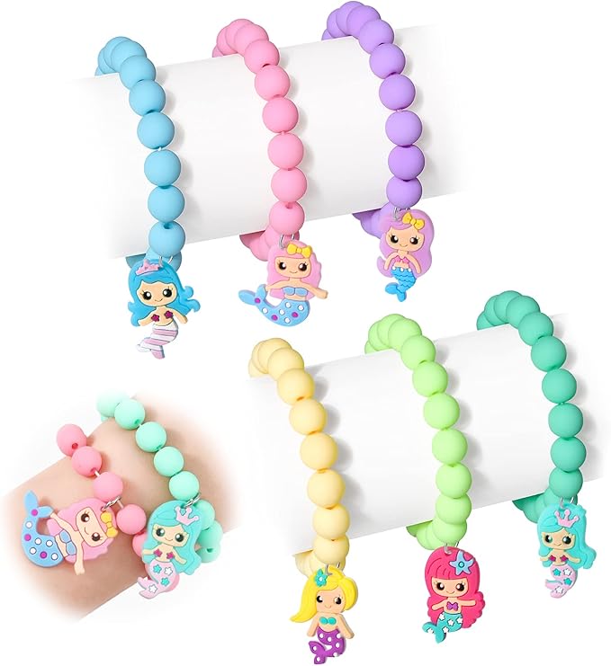 6 Pieces Mermaid Beaded Bracelets for Girls, Silicone Mermaid Pendant Bracelet Kids Jewelry Bracelets Set Princess Dress up Party Favor Gift (random colors)