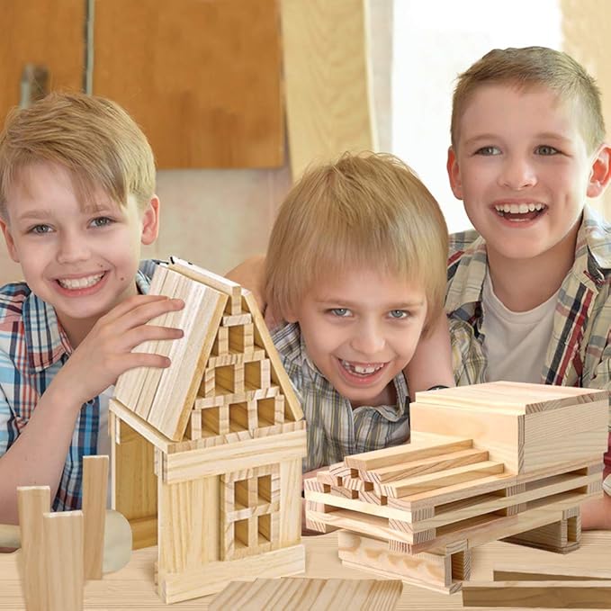 3 Bees & Me Wooden Building Toys - STEM Toys for Boys and Girls - 100 Wood Plank Pieces