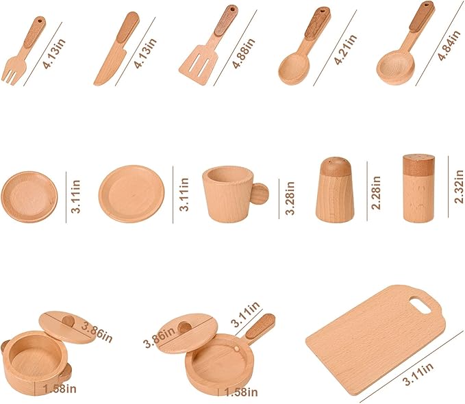 Play Kitchen Accessories Montessori Wooden Toys Kids Kitchen Toy Set Cookware Plates Dishes Pots Pans Cooking Playset 15 Pieces Sensory Toys for Toddlers Girls Boys with Storage Bag