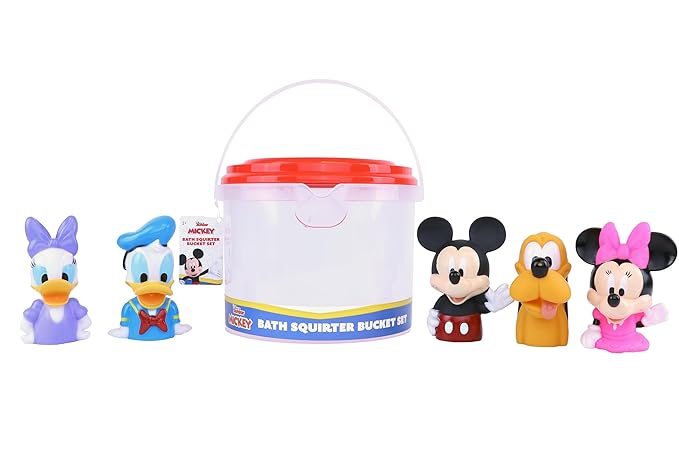 Mickey & Friends 6 Piece Bath Squirter Bucket Set. Bath Toys for Baby and Toddlers, Includes Organizer Bucket with Drainage to Store Your Bath time Water Toys.