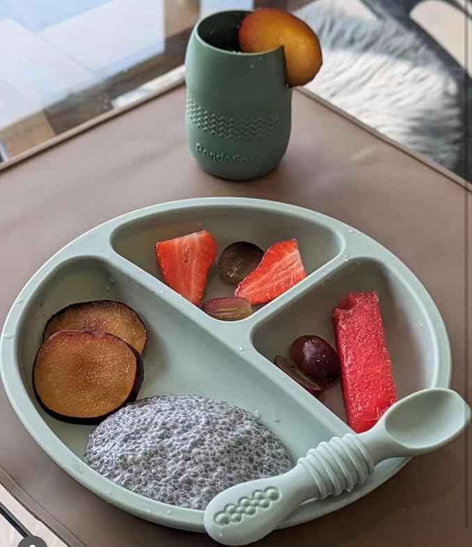 PandaEar Silicone Baby Feeding Set| 2 Pack Silicone Divided Suction Plate with 2 Pack Spoons | Baby Led Weaning Supplies Self Feeding Eating Utensils (Green/Grey)