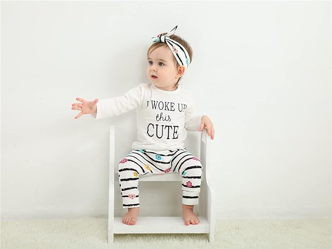 KuKitty 3Pcs Baby Girl Outfits Set Long Sleeve T-Shirt Tops Flowers Pants with Headband