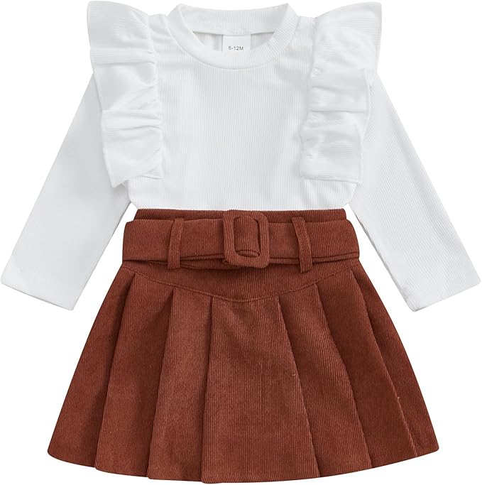 Fernvia Toddler Baby Girl Fall Winter Skirt Set Turtleneck Ribbed Long Sleeve T-Shirt Top & Plaid Skirts Dress 2Pcs Outfits